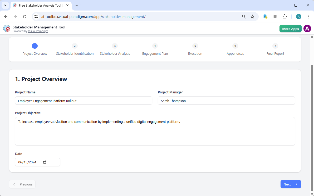 This is the screenshot of Visual Paradigm's AI-Powered Stakeholder Management Tool. The initial data is generated by AI and i