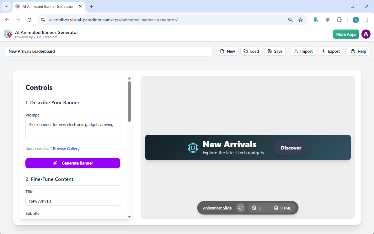 This is a screenshot of Visual Paradigm's AI Powered Animated Banner Generator. - Professional online diagram maker tool