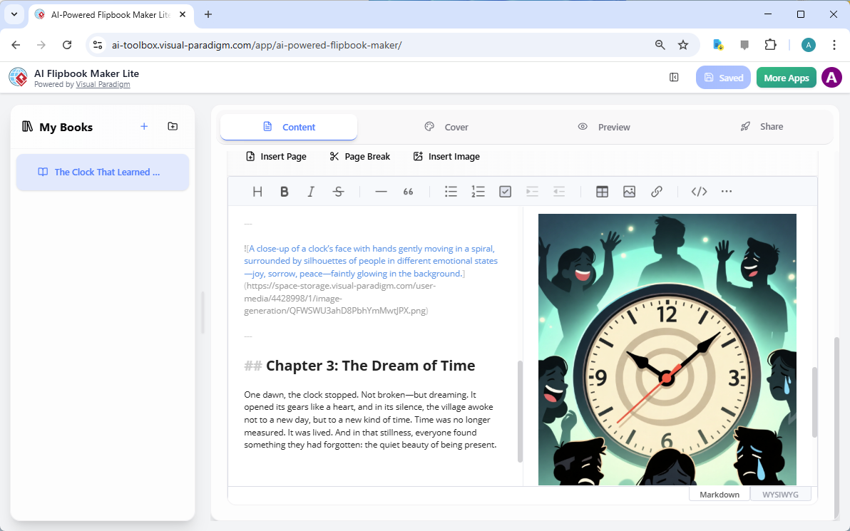 This is a screenshot of Visual Paradigm's AI Powered Flipbook Maker (Lite) - Professional online diagram maker tool