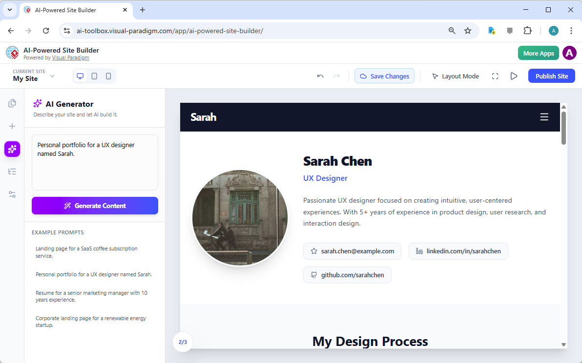 This is a screenshot of Visual Paradigm's AI-Powered Site Builder. It shows the web page generated from the prompt 'Personal 