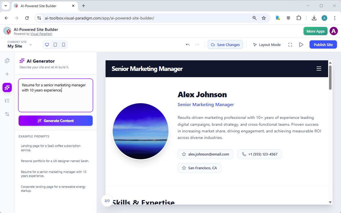 This is a screenshot of Visual Paradigm's AI-Powered Site Builder. It shows the web page generated from the prompt 'Resume fo