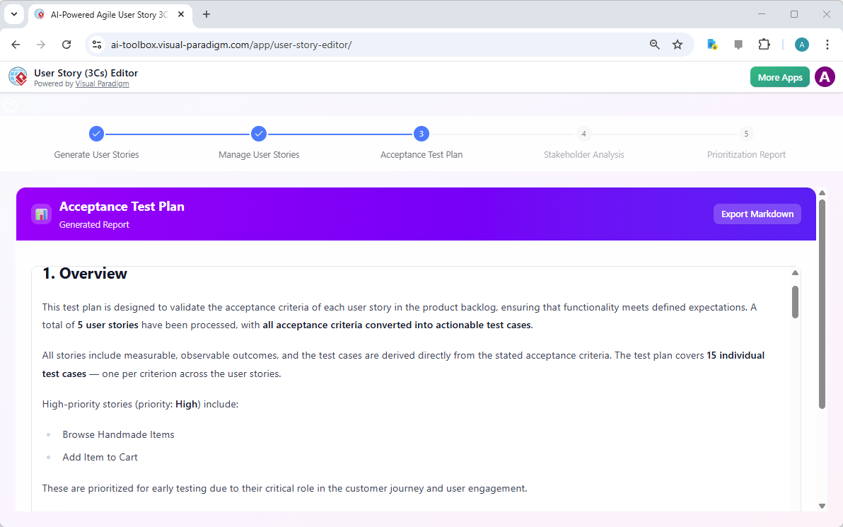 This is a screenshot of Visual Paradigm's AI Powered User Story (3Cs) Editor. it shows the acceptance test plan generated fro