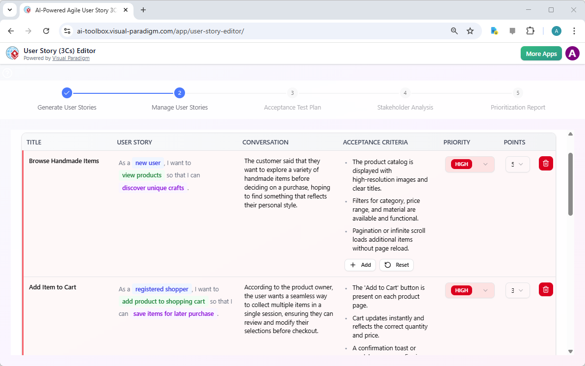 This is a screenshot of Visual Paradigm's AI Powered User Story (3Cs) Editor. it shows the user stories generated based on th