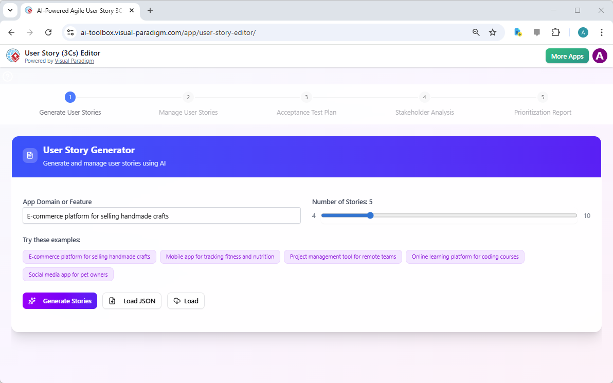 This is a screenshot of Visual Paradigm's AI Powered User Story (3Cs) Editor. The user is about to generate user stories with