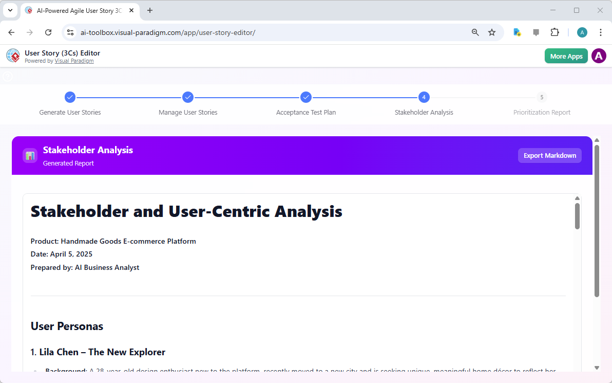 This is a screenshot of Visual Paradigm's AI Powered User Story (3Cs) Editor. it shows the stakeholder analysis generated. - 
