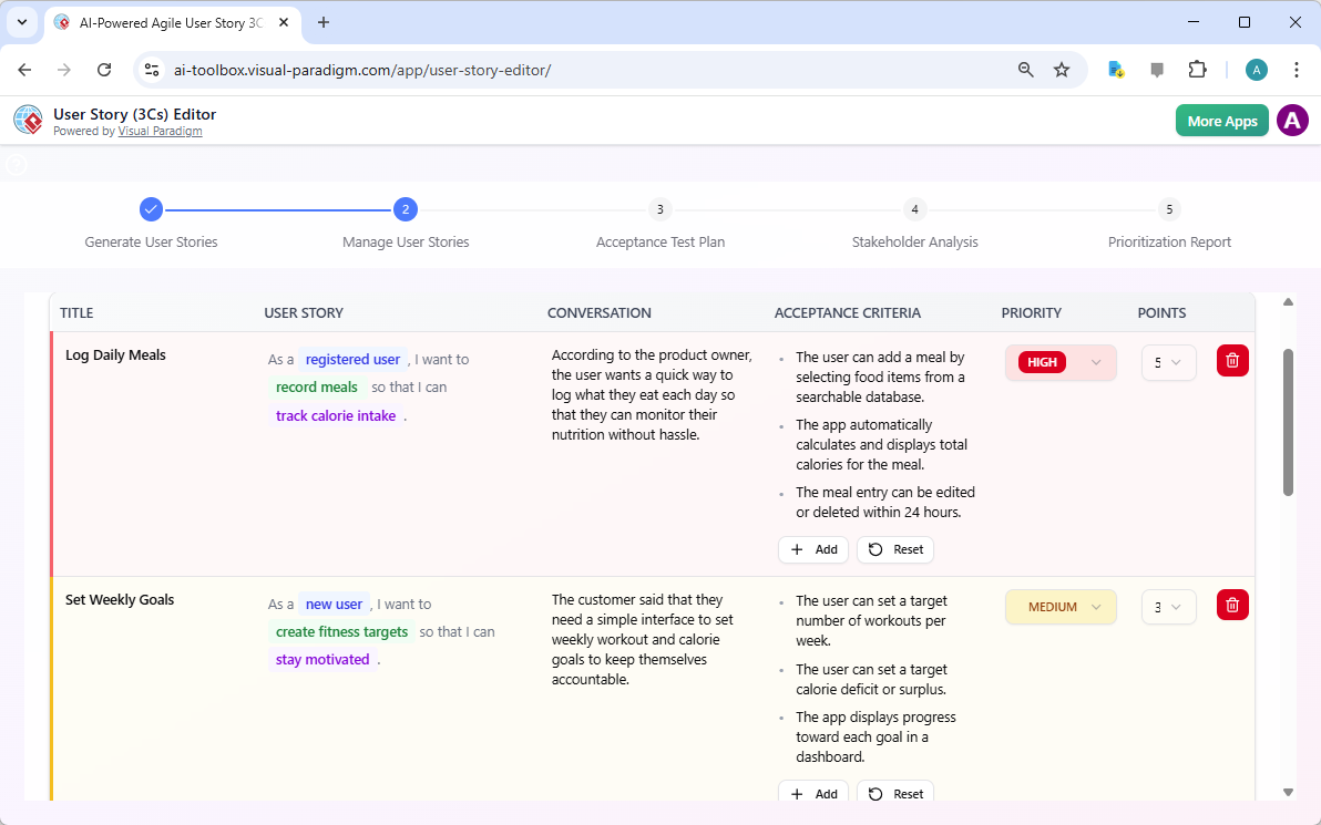 This is a screenshot of Visual Paradigm's AI Powered User Story (3Cs) Editor. it shows the user stories generated based on th