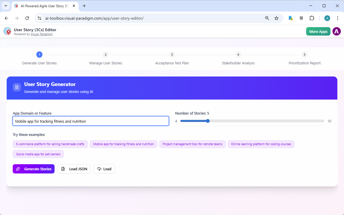 This is a screenshot of Visual Paradigm's AI Powered User Story (3Cs) Editor. The user is about to generate user stories with