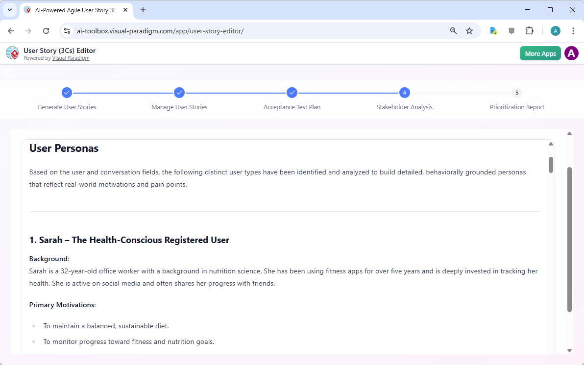 This is a screenshot of Visual Paradigm's AI Powered User Story (3Cs) Editor. it shows the stakeholder analysis generated. -