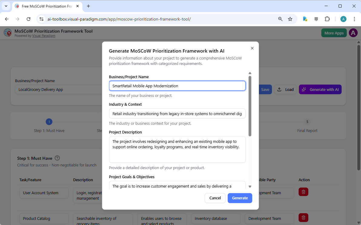 This is the screenshot of Visual Paradigm's AI-Powered MoSCoW Prioritization Framework Tool. It is now at AI generation scree