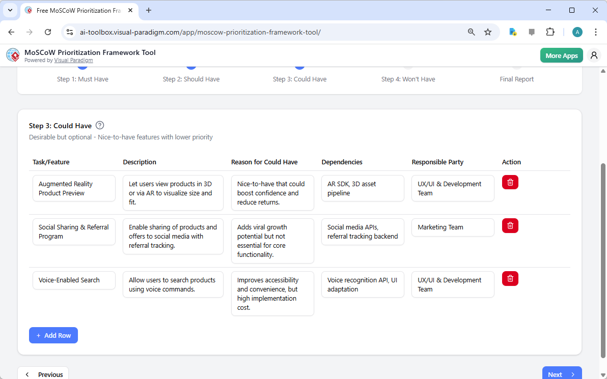 This is the screenshot of Visual Paradigm's AI-Powered MoSCoW Prioritization Framework Tool. It is now at step 3 - Profession