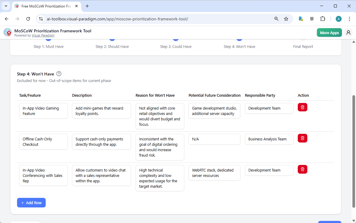 This is the screenshot of Visual Paradigm's AI-Powered MoSCoW Prioritization Framework Tool. It is now at step 4 - Profession