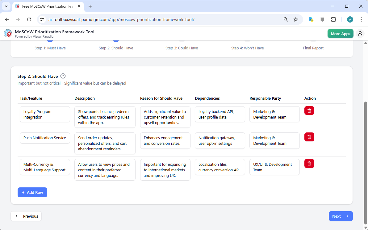 This is the screenshot of Visual Paradigm's AI-Powered MoSCoW Prioritization Framework Tool. It is now at step 2 - Profession