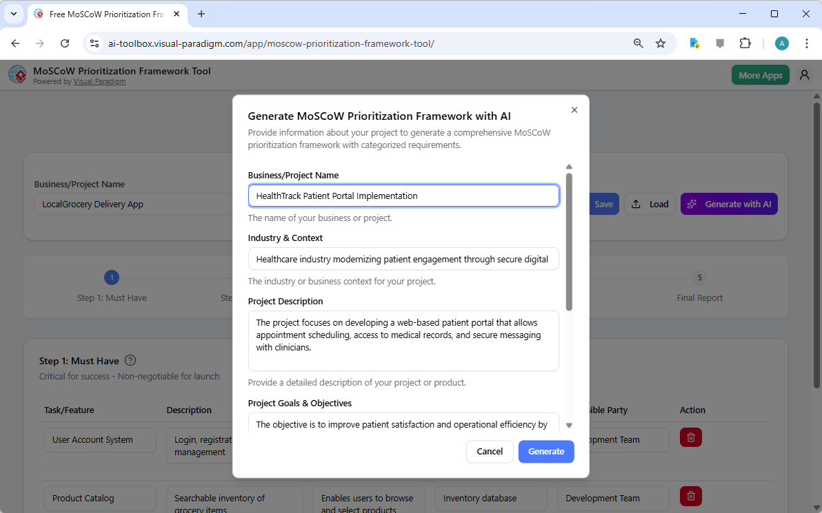 This is the screenshot of Visual Paradigm's AI-Powered MoSCoW Prioritization Framework Tool. It is now at AI generation scree
