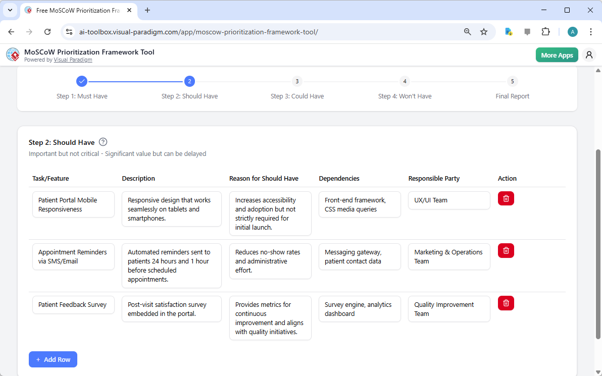 This is the screenshot of Visual Paradigm's AI-Powered MoSCoW Prioritization Framework Tool. It is now at step 2 - Profession