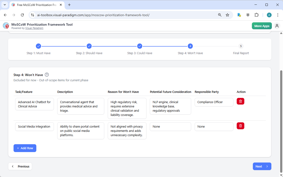 This is the screenshot of Visual Paradigm's AI-Powered MoSCoW Prioritization Framework Tool. It is now at step 4 - Profession