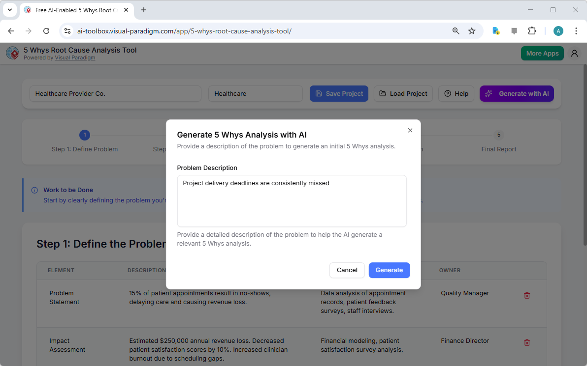 This is the screenshot of Visual Paradigm's AI-Powered 5 Whys Root Cause Analysis Tool. It is now at AI generation screen, wh