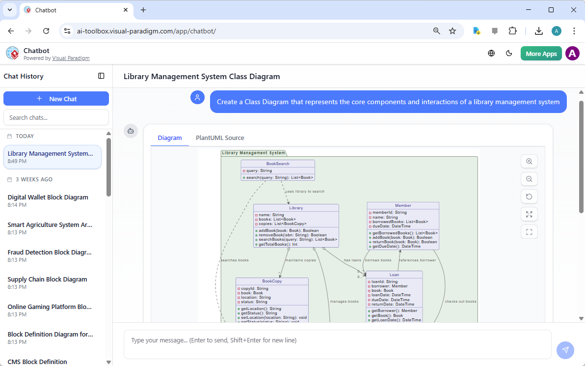 This is the screenshot of Visual Paradigm AI Chatbot. It shows the generation of a UML class diagram based on a chat message.