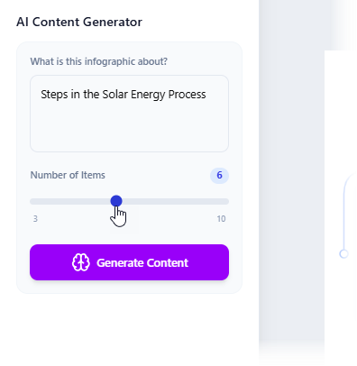 Adjust the number of items. Click Generate Content when ready. AI will analyze the problem and generate the infographic accor