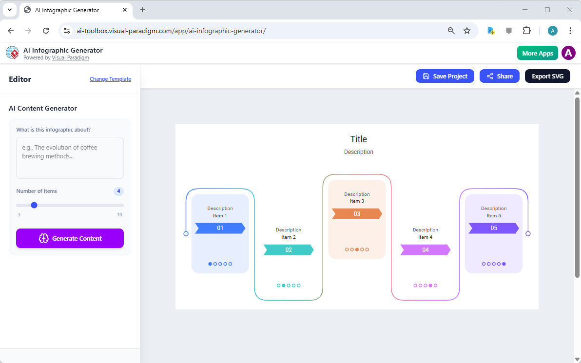 This opens the editor page where you can generate content for the infographic. The infographic is shown on the right and the 