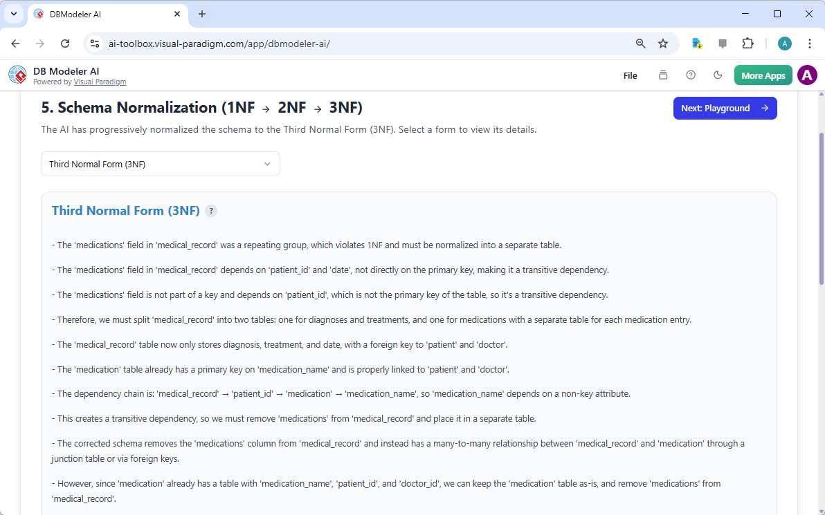 This is a screenshot of Visual Paradigm's AI-Powered database design app: DB Modeler AI, for step 5. It allows the user to re