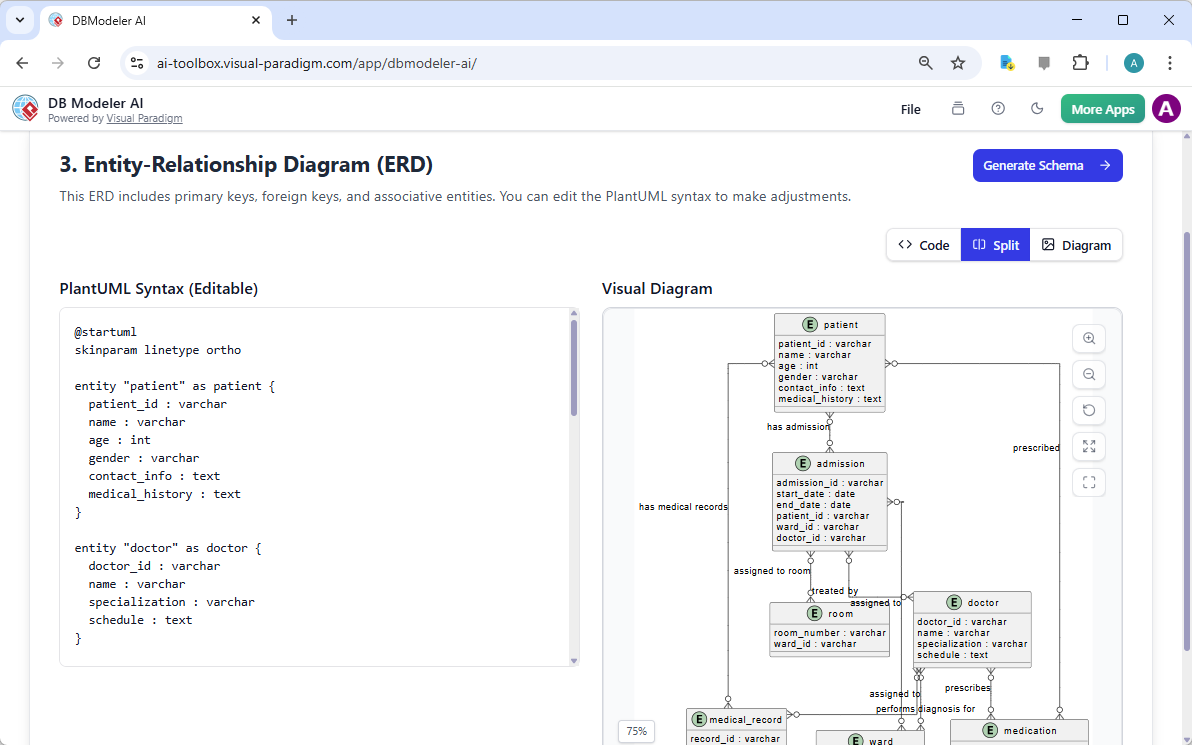 This is a screenshot of Visual Paradigm's AI-Powered database design app: DB Modeler AI, for step 3. It shows the AI-generate