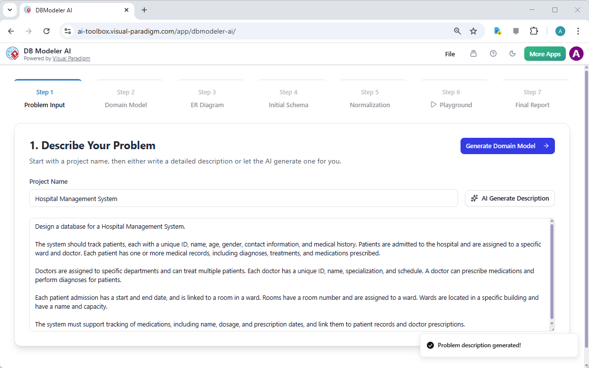 This is a screenshot of Visual Paradigm's AI-Powered database design app: DB Modeler AI, captured under step 1, which seek us