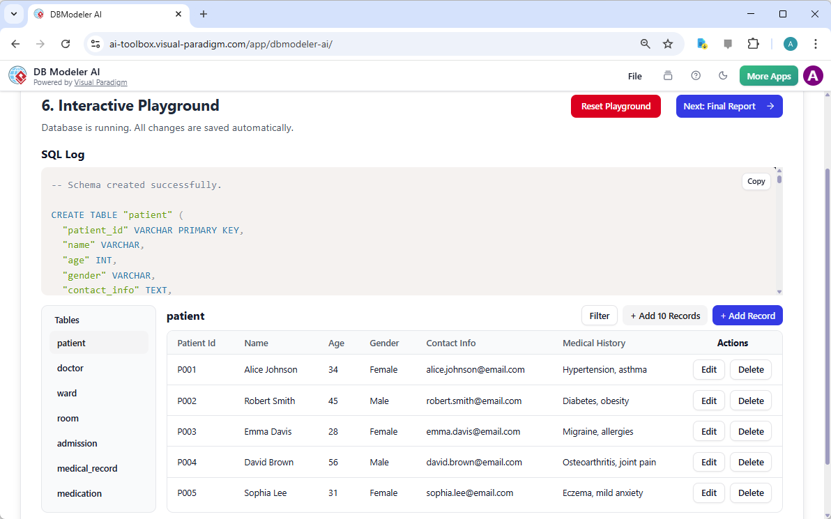 This is a screenshot of Visual Paradigm's AI-Powered database design app: DB Modeler AI, for step 6. It is a playground set u