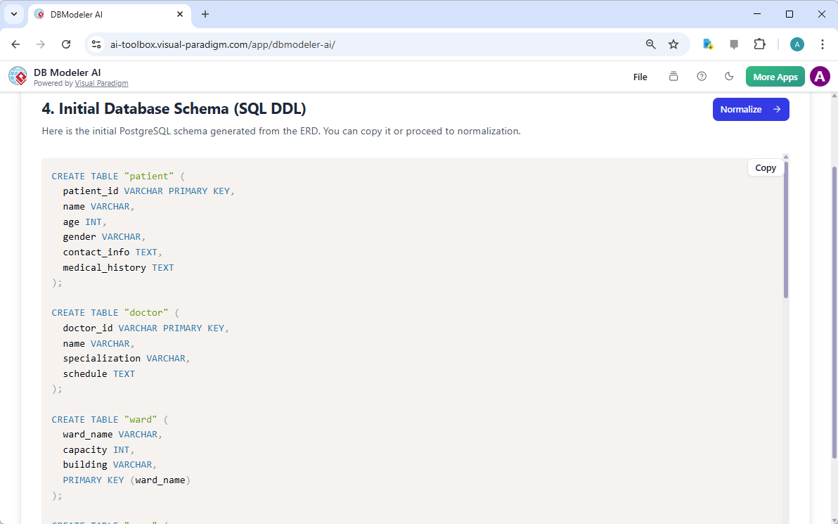 This is a screenshot of Visual Paradigm's AI-Powered database design app: DB Modeler AI, for step 4. It shows the AI-generate