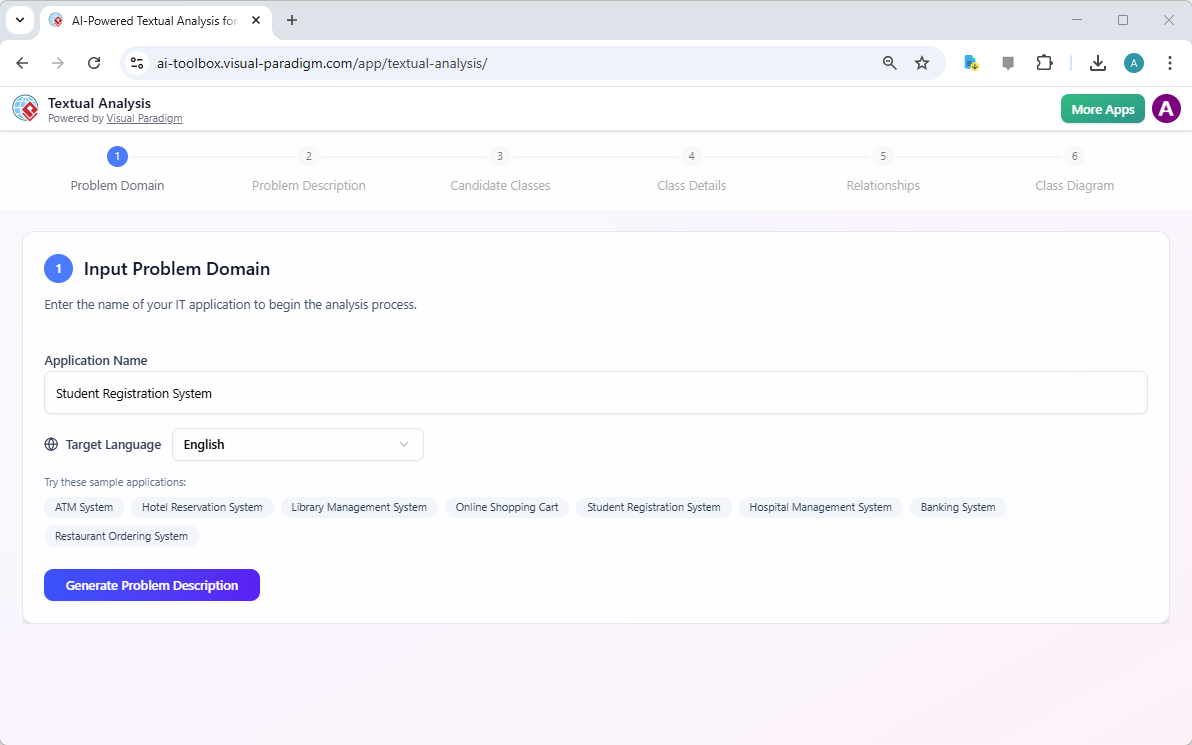 This is a screenshot of Visual Paradigm's AI-Powered Textual Analysis Tool. It shows that the user has entered