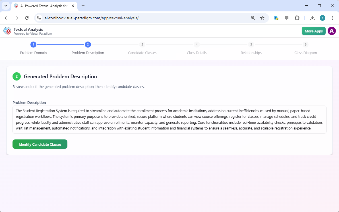 This is a screenshot of the step 2 of Visual Paradigm's AI-Powered Textual Analysis Tool. It shows a problem description gene