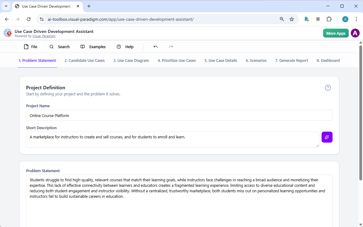 This is a screenshot of Visual Paradigm's AI Powered Use Case Driven Development Assistant. we are now in step 1. It shows th