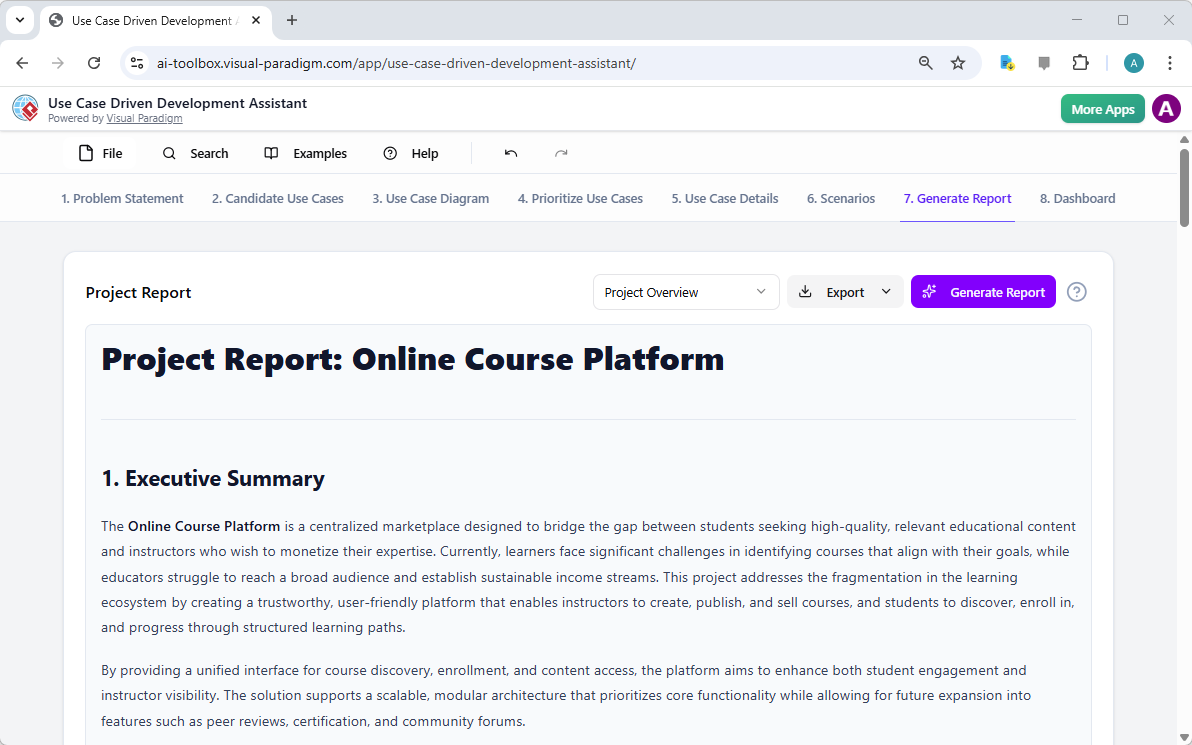 This is a screenshot of Visual Paradigm's AI Powered Use Case Driven Development Assistant. We are in step 7. It shows a repo