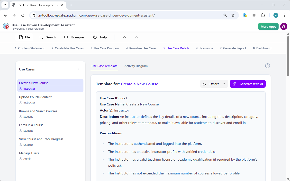 This is a screenshot of Visual Paradigm's AI Powered Use Case Driven Development Assistant. We are now in step 5. It shows th