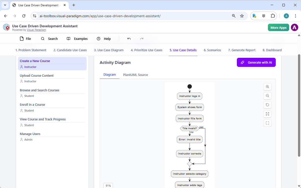 This is a screenshot of Visual Paradigm's AI Powered Use Case Driven Development Assistant. We are still in step 5. It shows