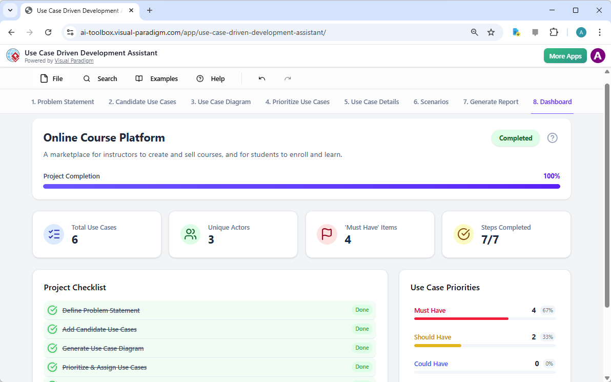 This is a screenshot of Visual Paradigm's AI Powered Use Case Driven Development Assistant. We are in step 8. It shows the da