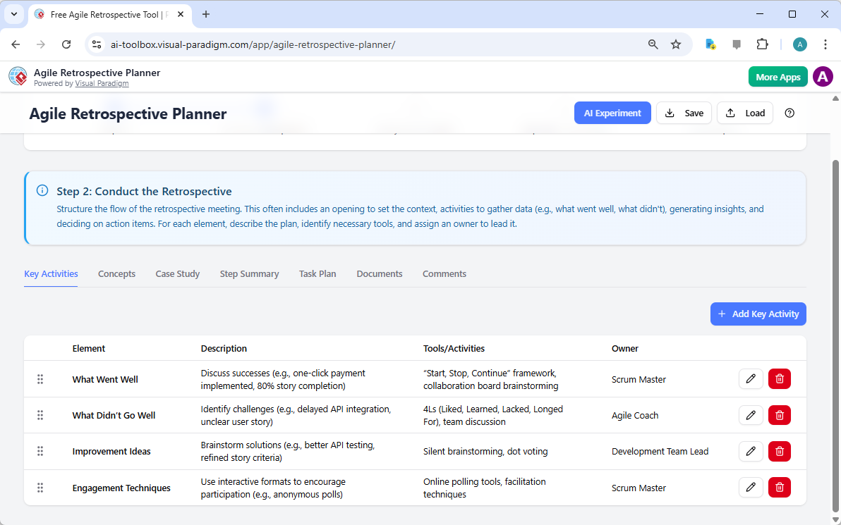 This is the screenshot of step 2 of Visual Paradigm's AI-Powered Agile Retrospective Planner. - Professional online diagram m