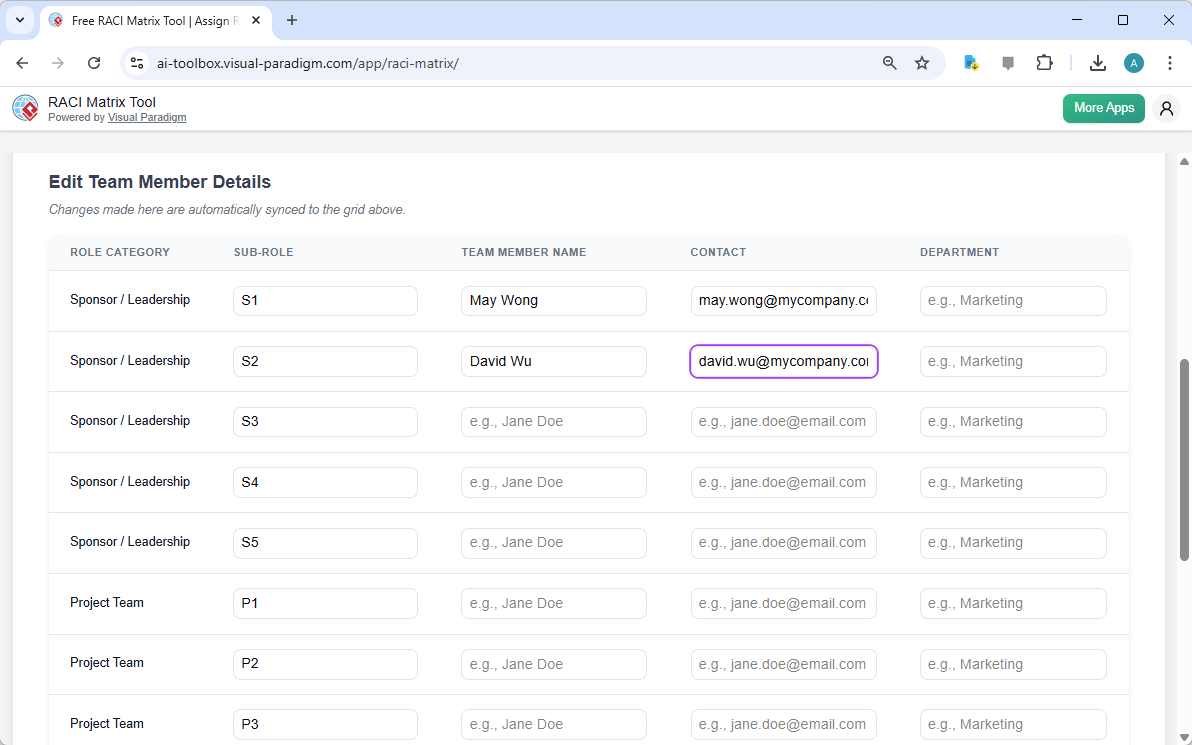 This is a screenshot of the bottom part of Visual Paradigm's RACI Matrix Tool. You can specify the exact team members' detail