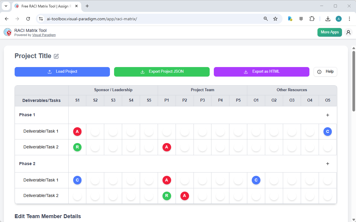 This is a screenshot of Visual Paradigm's RACI Matrix Tool. It shows the editor interface where you can assign different role
