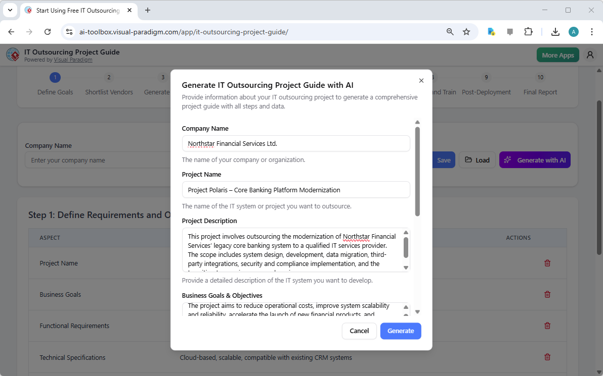 This is the screenshot of Visual Paradigm's AI-Powered App: IT Outsourcing Project Guide. It is now at AI generation screen, 