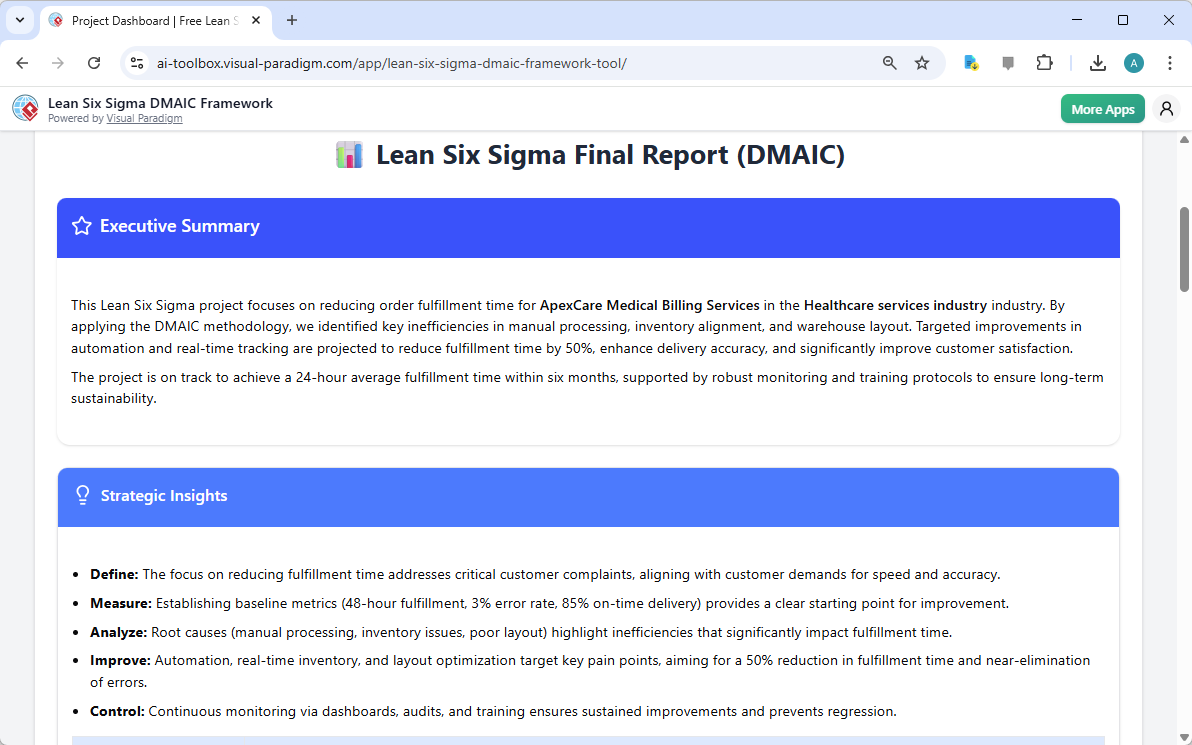 This is the screenshot of Visual Paradigm's AI-Powered Lean Six Sigma DMAIC Framework Tool. It is now at step 6. A report is