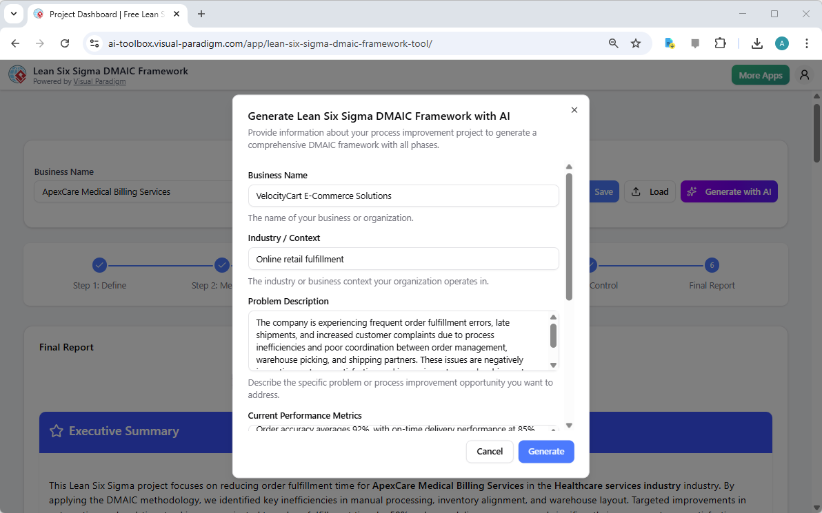 This is the screenshot of Visual Paradigm's AI-Powered Lean Six Sigma DMAIC Framework Tool. It is now at AI generation screen