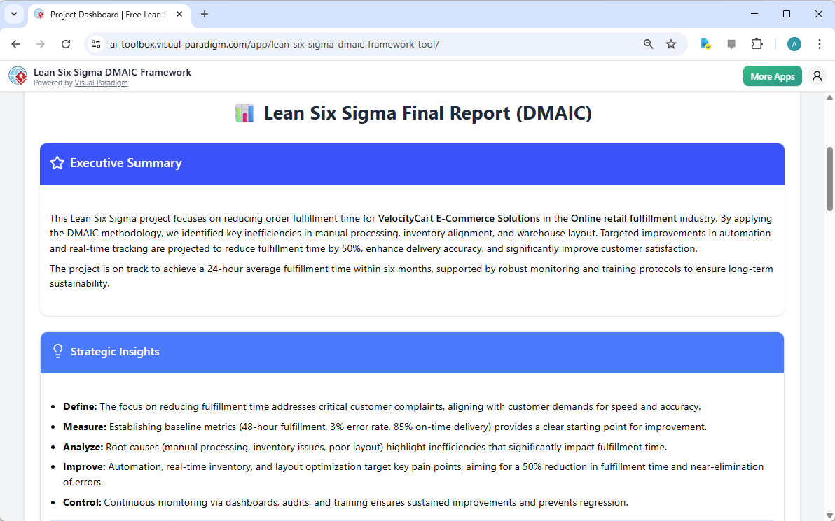 This is the screenshot of Visual Paradigm's AI-Powered Lean Six Sigma DMAIC Framework Tool. It is now at step 6. A report is