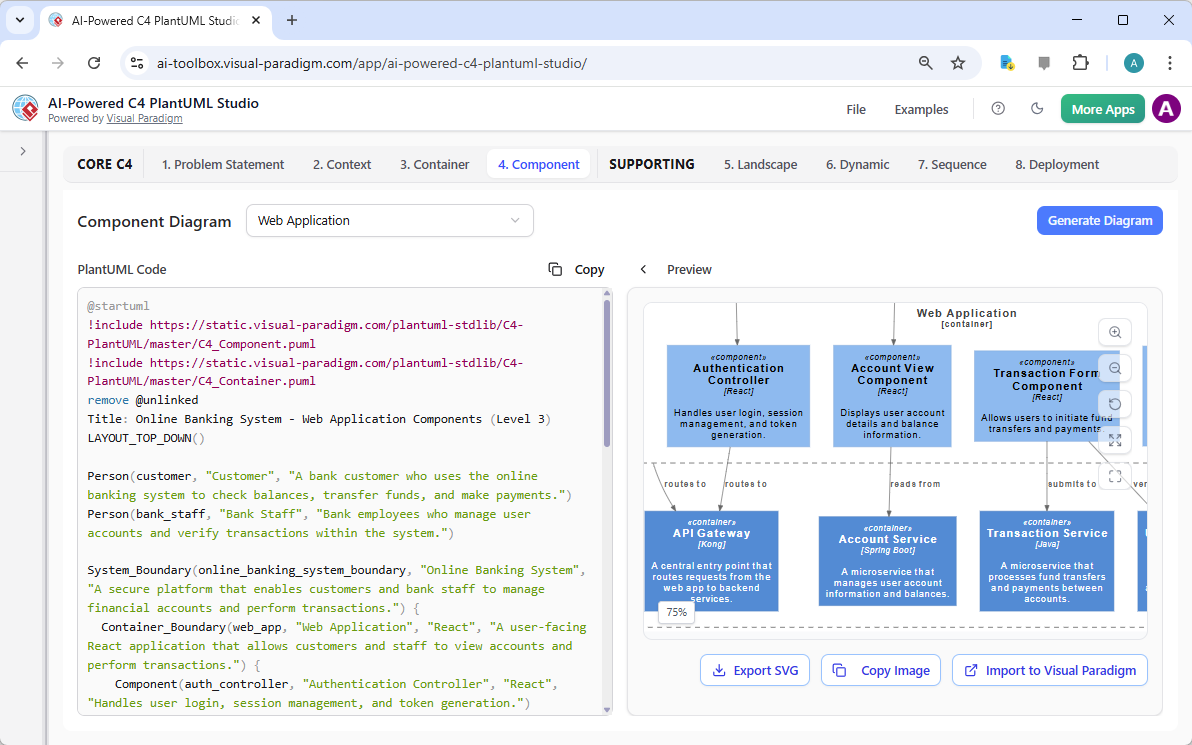 This is the screenshot of Visual Paradigm's AI-Powered C4 PlantUML Studio. We are now at step 4. It shows a C4 Component Diag