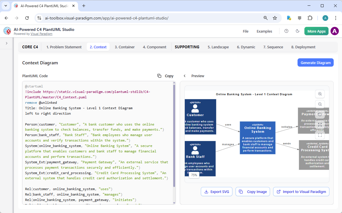 This is the screenshot of Visual Paradigm's AI-Powered C4 PlantUML Studio. We are now at step 2. It shows a C4 Context Diagra