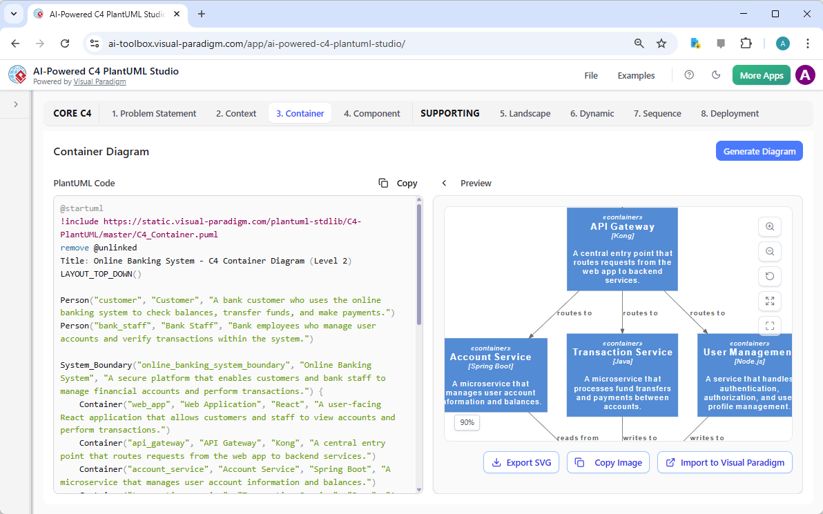 This is the screenshot of Visual Paradigm's AI-Powered C4 PlantUML Studio. We are now at step 3. It shows a C4 Container Diag