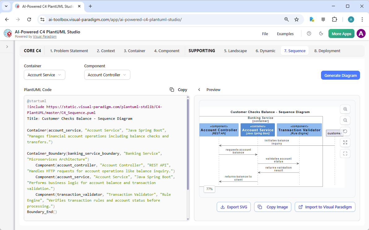 This is the screenshot of Visual Paradigm's AI-Powered C4 PlantUML Studio. We are now at step 7. It shows a C4 Sequence Diagr