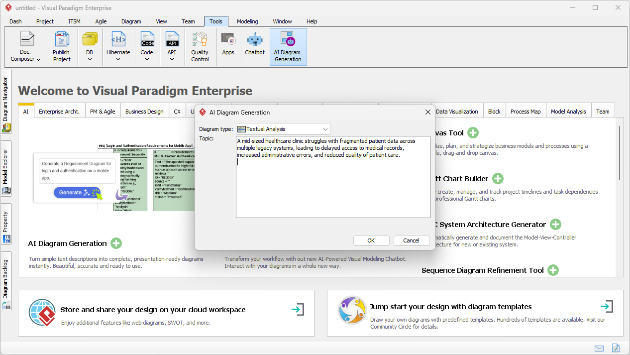 This is a screenshot of Visual Paradigm (aka. Visual Paradigm Desktop). It is now showing the use of AI diagram generation to