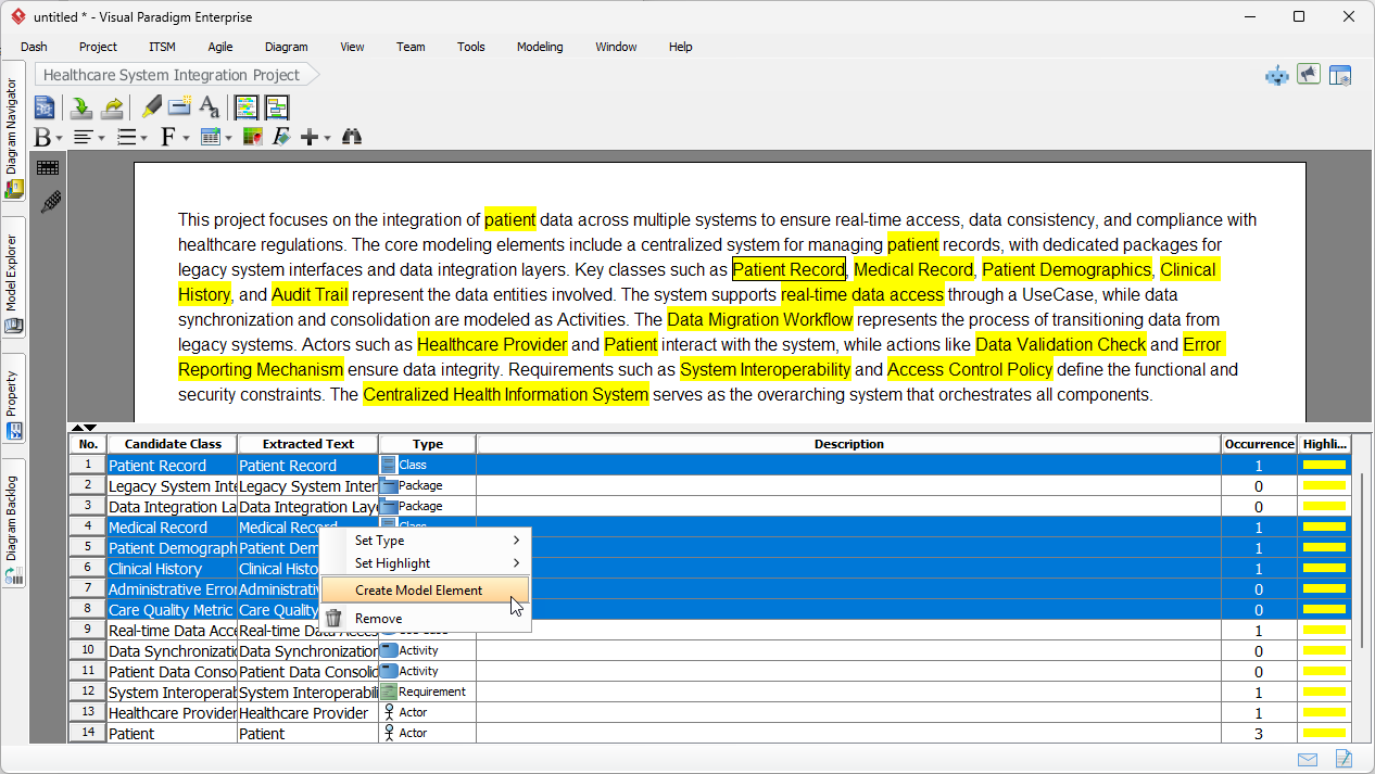Let's say the user is pleased with the candidate classes selected. She can now form a Class Diagram from them. Select the row