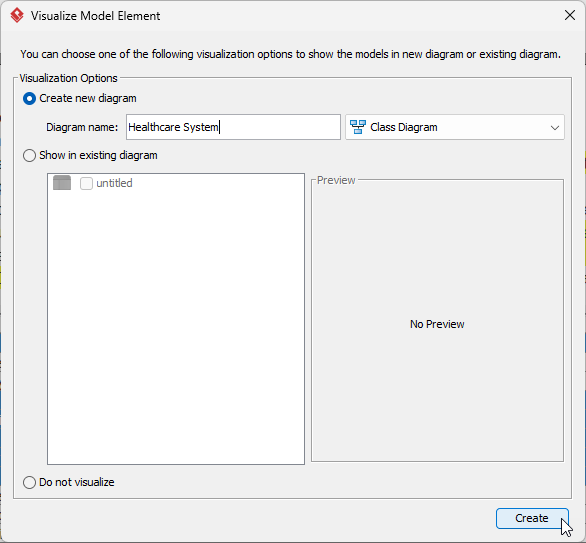 Give a name to the class diagram and click Create to continue. - Professional online diagram maker tool
