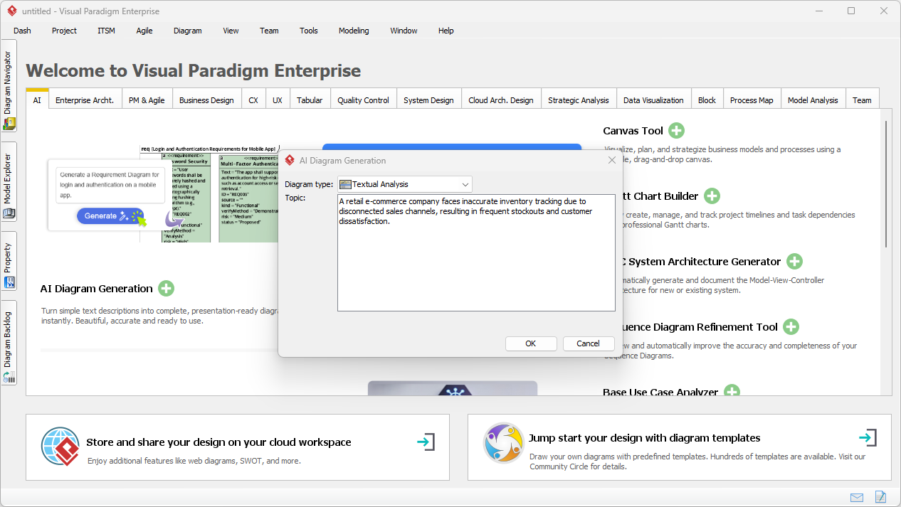 This is a screenshot of Visual Paradigm (aka. Visual Paradigm Desktop). It is now showing the use of AI diagram generation to